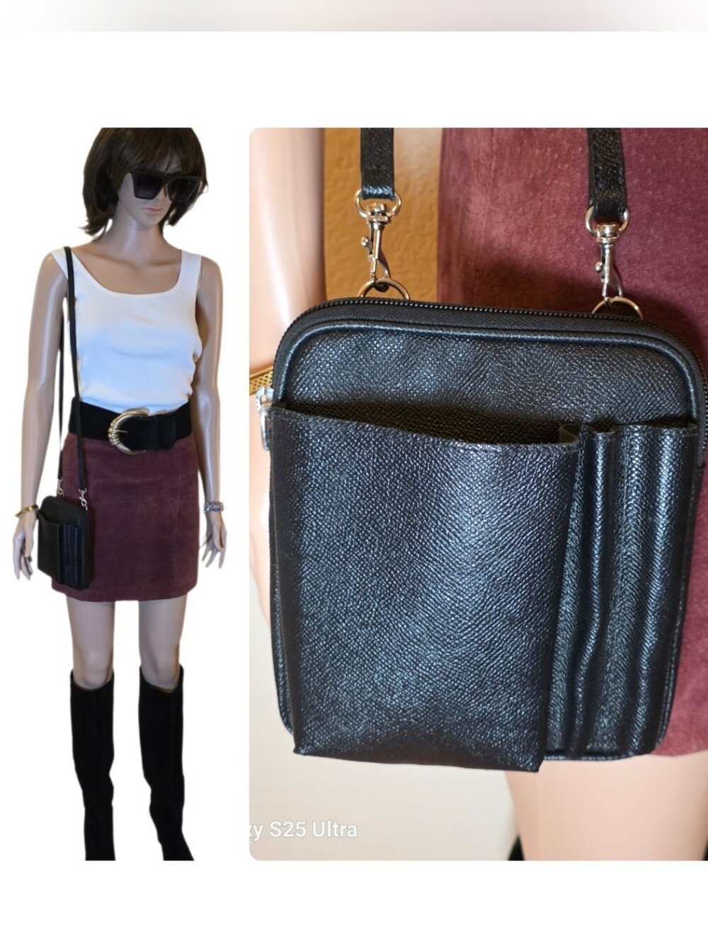 Minimalist Unbranded Black Leather Phone Crossbody Bag Belt Loop Fanny Pack